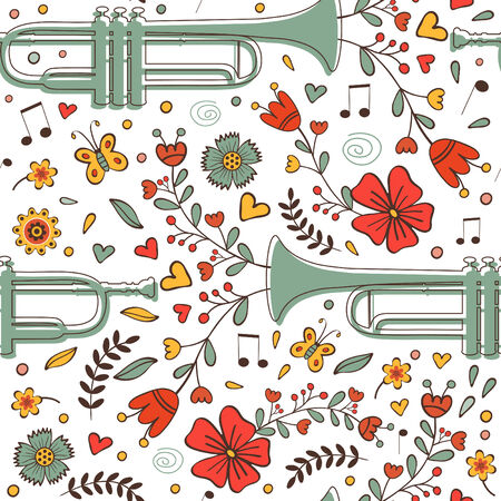 Seamless pattern with saxophone and flowers. Vector illustrationのイラスト素材