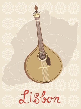 Tipical portuguese fado guitar over Lisbon map and azulejo tiles background. vector illustrationのイラスト素材