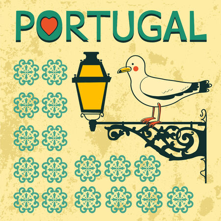 Concept card with tipical portuguese lantern and seagull. Vector illustrationのイラスト素材