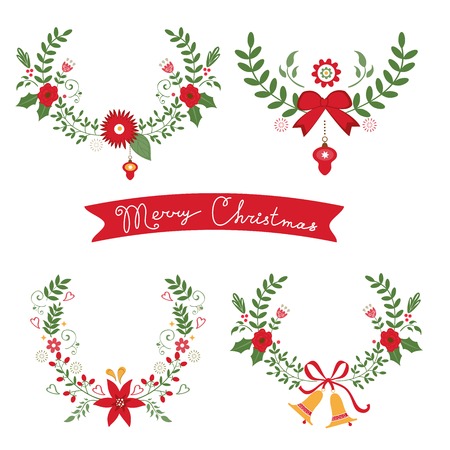 Colorful Christmas banners and laurels with flowers, birds, deers, hollies and leaves. Ideal for invitations and Christmas cardsのイラスト素材