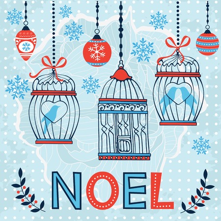 Elegant Merry Christmas card with baubles and cages. vector illustrationのイラスト素材