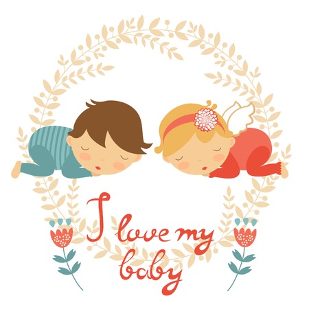 Cute baby card with two babies sleeping. vector illustrationのイラスト素材