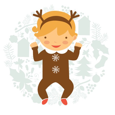 Cute baby illustration on floral Christmas backgroundのイラスト素材