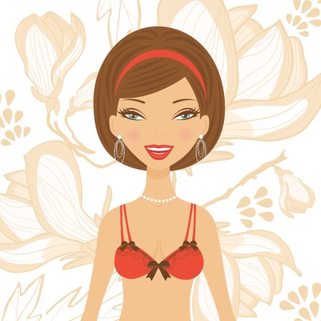 Illustration of beautiful girl in lingerie on a floral background in vector formatのイラスト素材