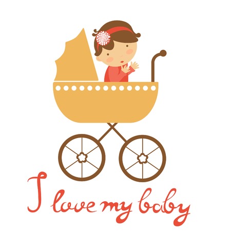 Cute baby girl sitting in pram. vector illustrationのイラスト素材