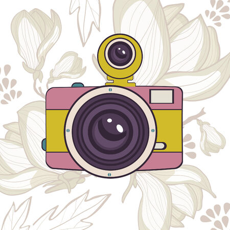 Elegant vintage camera on floral background. Vector illustrationのイラスト素材