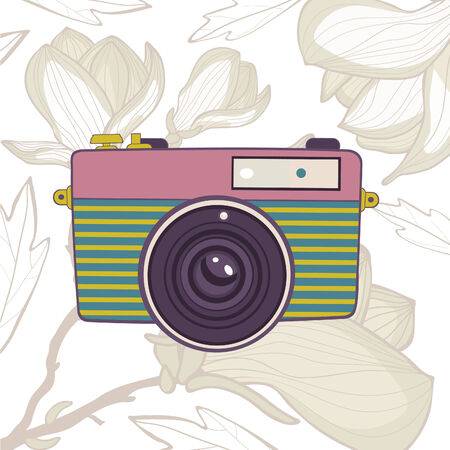 Elegant vintage camera on floral background. Vector illustrationのイラスト素材