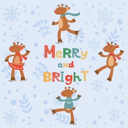 Merry and bright card with cute reindeers. Vector illustrationのイラスト素材