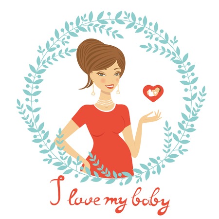 Beautiful mom to be holding heart shape. vector illustrationのイラスト素材