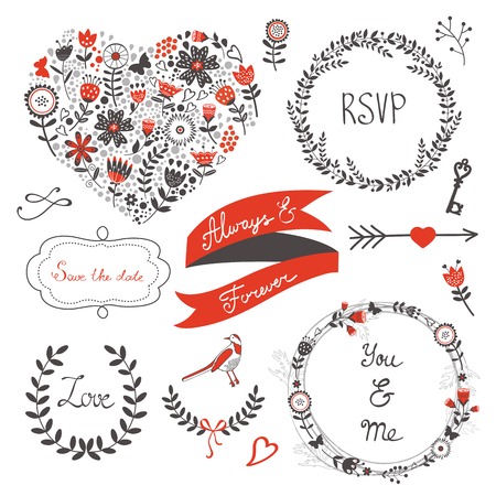 Beautiful love set with elegant frames, flowers and other graphic elements. Vector illustrationのイラスト素材