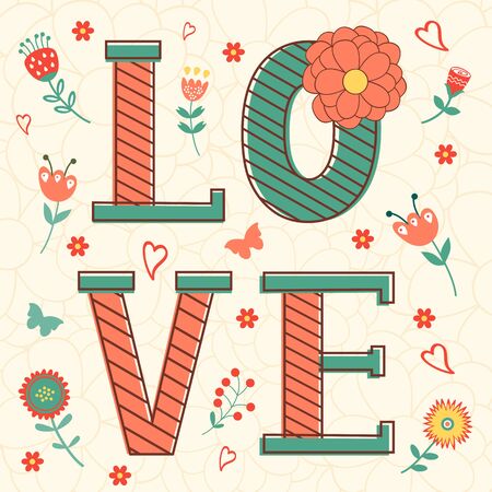 Cute Valentines day card with word love and flowers on a pastel color floral backgroundのイラスト素材