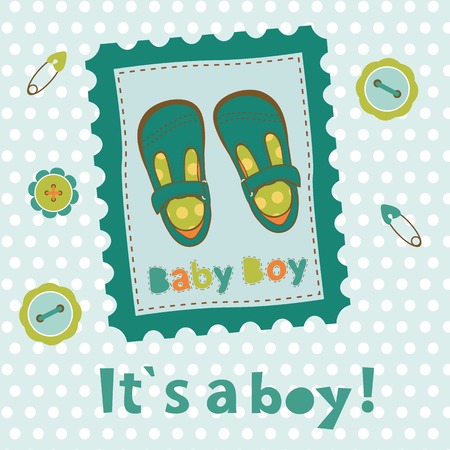 Baby boy card with little shoes  in frame. vector illustrationのイラスト素材