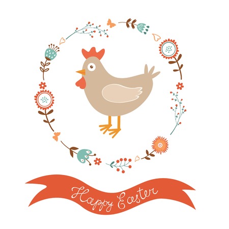 Cute Easter card with chicken in floral wreath. Vector illustrationのイラスト素材
