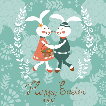 Easter card with cute rabbits couple. Vector illustrationのイラスト素材