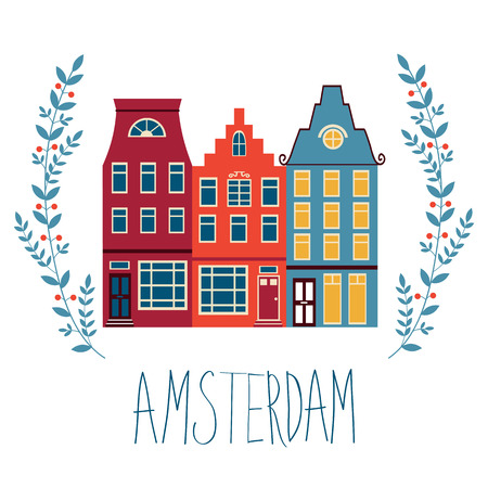 Cute Amsterdam houses colorful set. Vector illustrationのイラスト素材