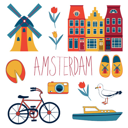 Colorful Amsterdam  related icons set. vector illustrationのイラスト素材