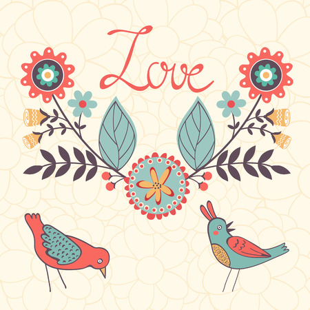 Elegant love card with birds and floral wreath in vector formatのイラスト素材
