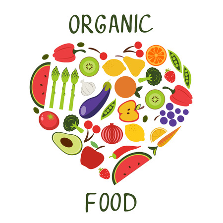 Ogranic food concept card with fresh vegetablescomposed in a heart shapeのイラスト素材