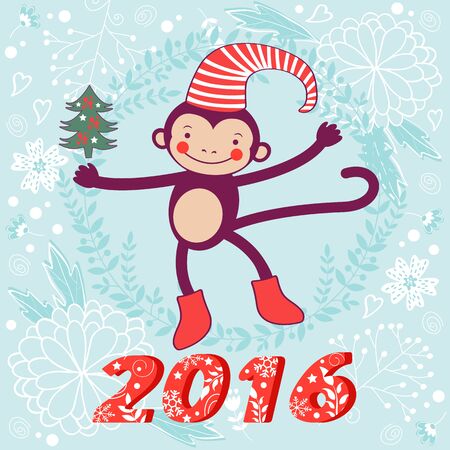 2016 card with cute funny monkey character on floral background in soft colors. Vector illustrationのイラスト素材