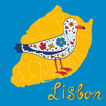 Colorful card with map of Lisbon and seagull. vector illustrationのイラスト素材