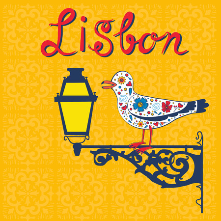 Concept card with tipical portuguese lantern and seagull. Vector illustrationのイラスト素材