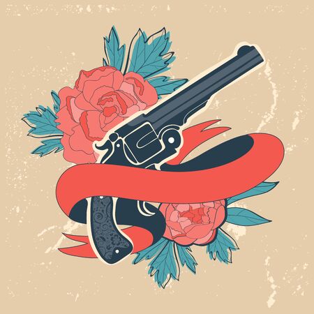 Classic revolvers and roses emblem. vector illustrationのイラスト素材
