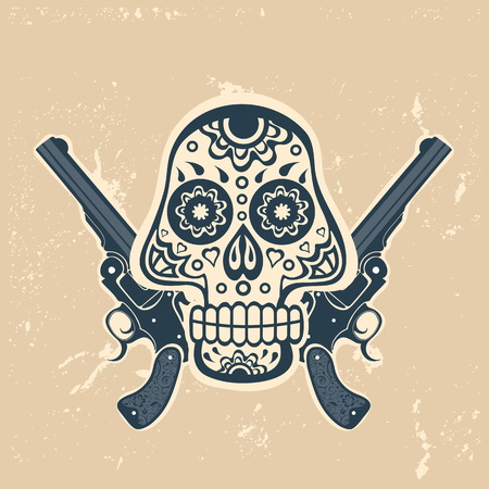 Hand drawn skull with guns on a grungy background in vintage style. Vector illustrationのイラスト素材