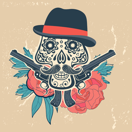 Hand drawn skull with guns and flowers in vintage style. Vector illustrationのイラスト素材