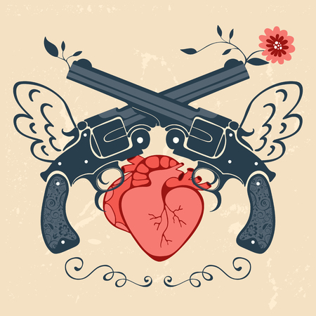 Vintage style emblem with human heart and two revolvers. Vector illustrationのイラスト素材