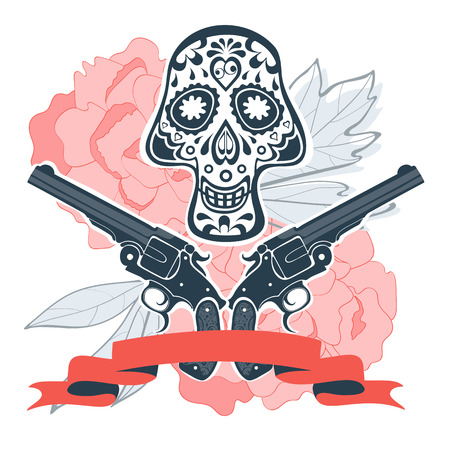 Hand drawn skull with guns and flowers in vintage style. Vector illustrationのイラスト素材