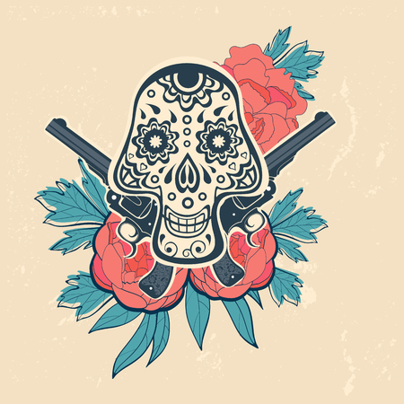Hand drawn skull with guns and flowers in vintage style. Vector illustrationのイラスト素材