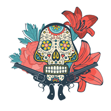 Day of the dead card with vintage skull, flowers and guns. vector illustrationのイラスト素材
