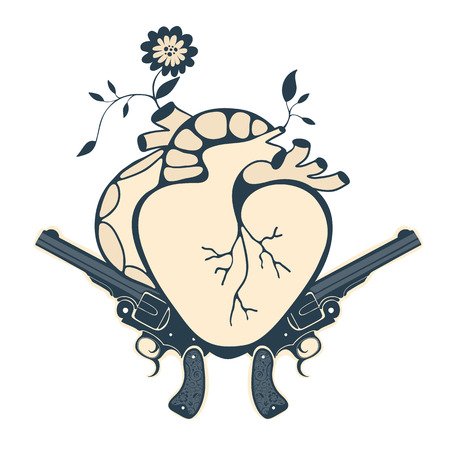 Vintage style emblem with human heart and two revolvers. Vector illustrationのイラスト素材