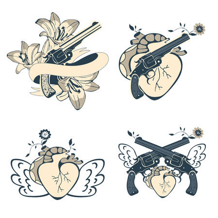 Vintage style emblems with human hearts, flowers and  revolvers. Vector illustrationのイラスト素材