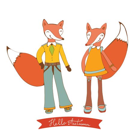 Hello autumn elegant card with cute fox characters couple isolated on white. Vector illustrationのイラスト素材