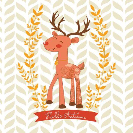 Hello autumn concept card with cute deer. Vector illustrationのイラスト素材