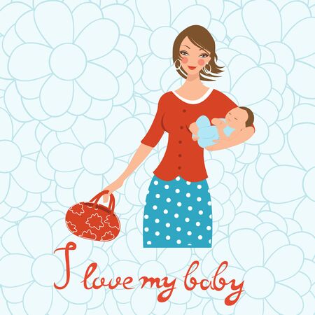 I love mybaby. Concept card withbeautiful young mother holding a baby. vector illustrationのイラスト素材