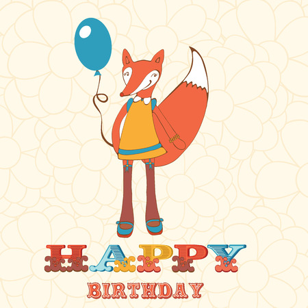 Colorful happy birthday card with cute fox girl holding balloon and vintage style words happy birthdayのイラスト素材