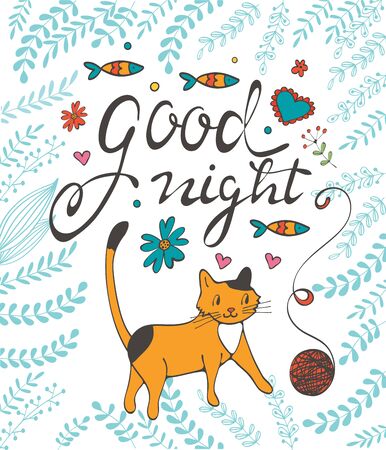 Good night concept card with cute cat flowers twigs and sardinesのイラスト素材