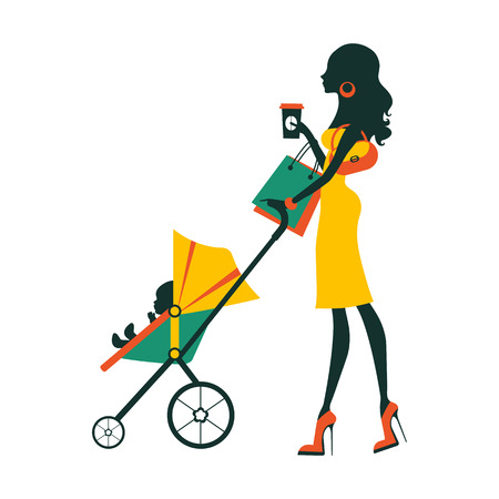 Fashion mom with baby in pram under umbrella. Vector illustrationのイラスト素材