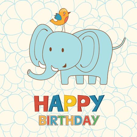 Cute Happy Birthday card with funny elephant and bird. vector illustrationのイラスト素材