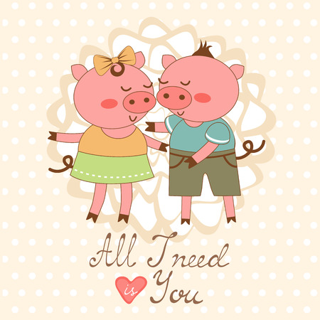 All I need is you romantic card with cute pigs couple. vector illustrationのイラスト素材