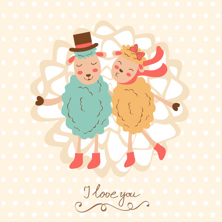 Concept love card with cute sheeps couple. vector illustrationのイラスト素材