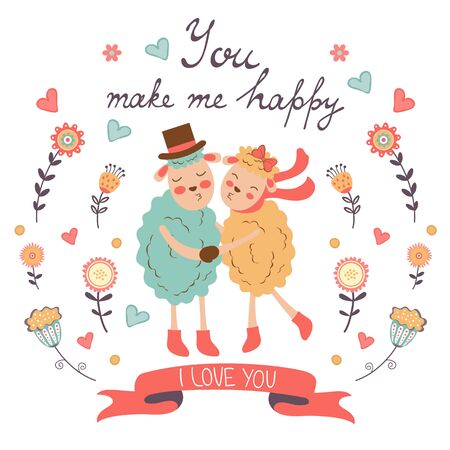 You make me happy romantic card with cute sheeps couple. vector illustrationのイラスト素材