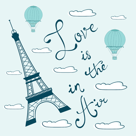 Love is in the air. Concept card with Eiffel tower and handwritten words. Illustration in vector formatのイラスト素材