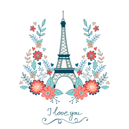 Concept love card with Eiffel tower and floral wreath. Vector illustrationのイラスト素材