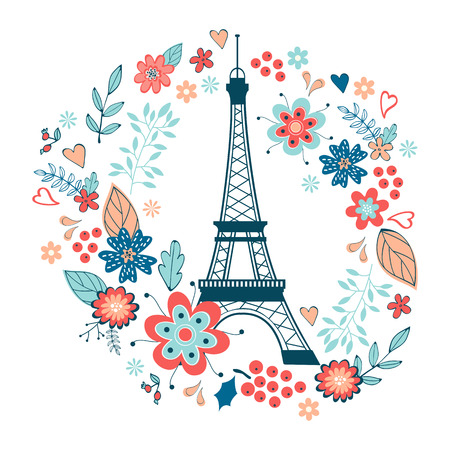 Concept love card with Eiffel tower and floral wreath. Vector illustrationのイラスト素材