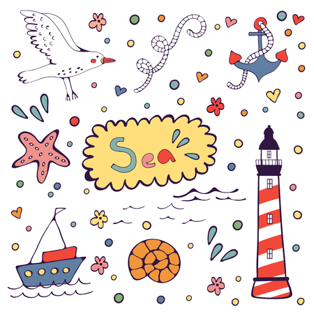 Sea doodles. Cute sea related hand drawn graphic elements in vector formatのイラスト素材