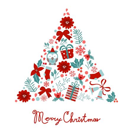 Colorful Merry Christmas tree shape with holiday elements . Vector illustrationのイラスト素材