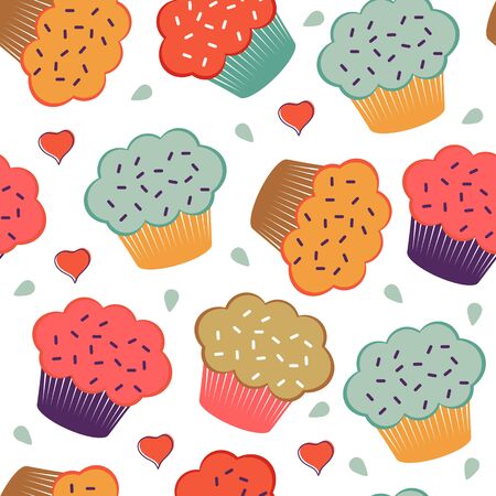 Colorful seamless pattern with cupcakes and hearts. Vector illustrationのイラスト素材